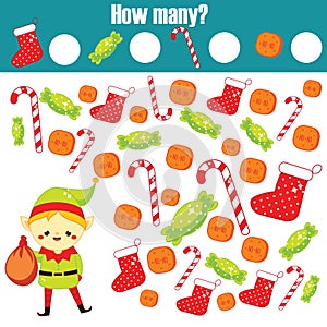 Counting educational children game, kids activity. How many objects task. New Year and christmas theme