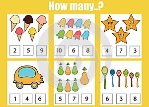 Counting educational children game, kids activity. How many objects task