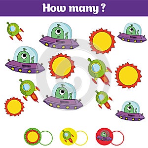 Counting educational children game, kids activity sheet. How many objects task. Learning mathematics, numbers, addition theme cosm