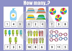 Counting educational children game, kids activity worksheet. How many objects. Learning mathematics