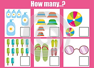 Counting educational children game, kids activity worksheet. How many objects. Learning mathematics