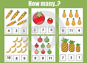 Counting educational children game, kids activity worksheet. How many objects task