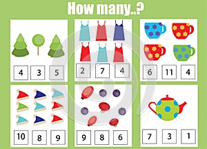 Counting educational children game, kids activity worksheet. How many objects task