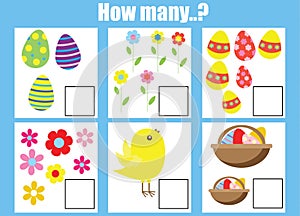 Counting educational children game, kids activity worksheet. How many objects task