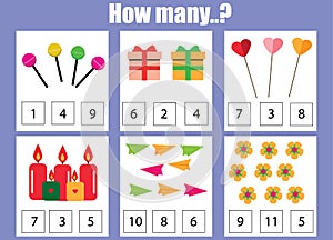 Counting educational children game, kids activity worksheet. How many objects task