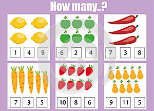 Counting educational children game, kids activity worksheet. How many objects task