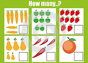 Counting educational children game, kids activity worksheet. How many objects task