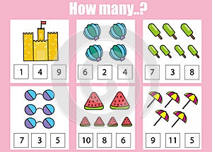 Counting educational children game, kids activity worksheet. How many objects task