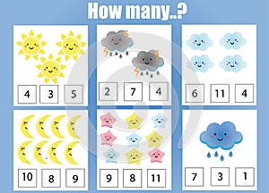 Counting educational children game, kids activity worksheet. How many objects task