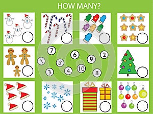 Counting educational children game, kids activity worksheet. How many objects task, christmas theme