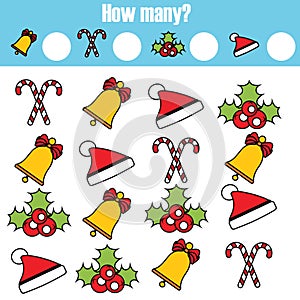 Counting educational children game, kids activity worksheet. How many objects task. christmas, winter holidays theme