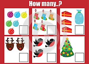 Counting educational children game, kids activity worksheet. How many objects task, christmas, winter holidays theme