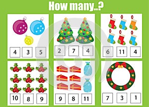 Counting educational children game, kids activity worksheet. How many objects task, christmas, winter holidays theme