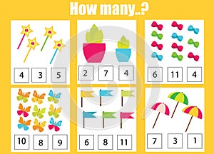 Counting educational children game, math kids activity. How many objects task