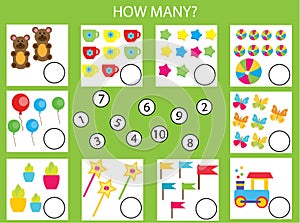 Counting educational children game, math kids activity. How many objects task