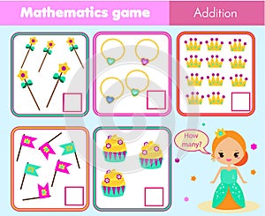 Counting educational children game, math kids activity. How many objects task