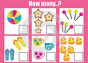 Counting educational children game, math kids activity. How many objects task