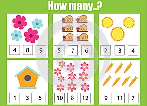 Counting educational children game, math kids activity. How many objects task