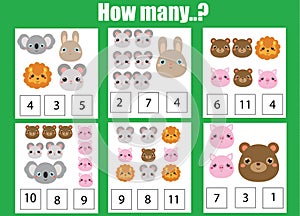 Counting educational children game, math kids activity. How many objects task. Animals theme