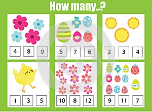 Counting educational children game, math kids activity. How many objects task. Easter theme. Addition worksheet