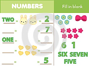 Counting educational children game, math kids activity. How many objects task. Mathematics worksheet for toddlers