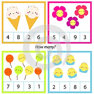Counting educational children game. Mathematics activity for kids and toddlers. How many objects. Study math, numbers, addition
