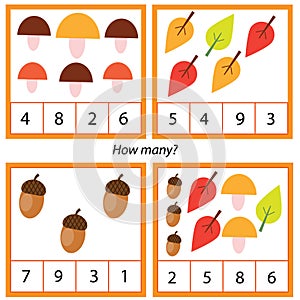 Counting educational children game. Study math, numbers, addition. Autumn theme kids mathematics activity