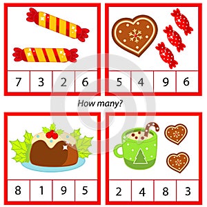 Counting educational children game. Study math, numbers, addition. Christmas theme kids mathematics activity