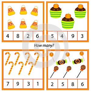 Counting educational children game. Study math, numbers, addition. Halloween theme kids mathematics activity