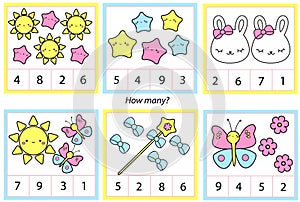 Counting educational children game. Study math, numbers, addition. kids mathematics activity