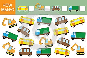 Counting educational game for children. How many cars transports? Mathematics.