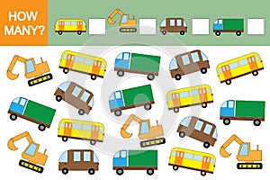 Counting educational game for children. How many cars transports? Mathematics. photo