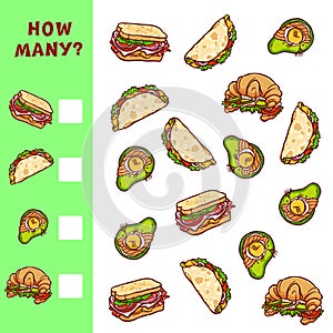 Counting educational game for children. Vector mathematical activity with food illustrations