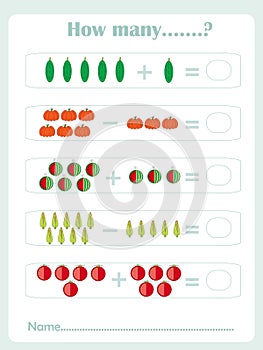 Counting educational games kids, kids activity sheet. How many task objects. Learning math, numbers, deduction themes