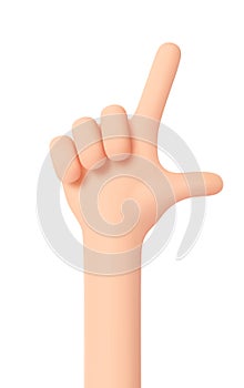 Counting with fingers. Hand gesture number two. Thumb and forefinger are unclenched and raised up. Pointing gesture. 3D cartoon