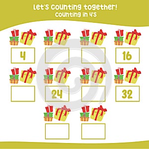 Counting by four\'s the Xmas present boxes. Counting in 4\'s worksheet