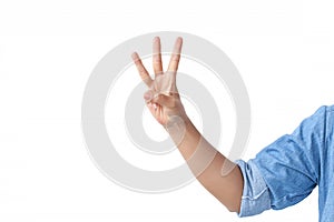 counting front hand with a shoulder in a jean shirt., isolated o