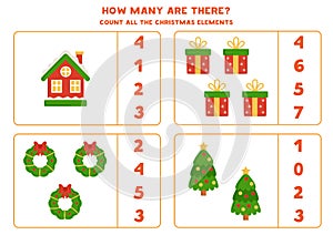 Counting game with cartoon Christmas elements. Educational worksheet