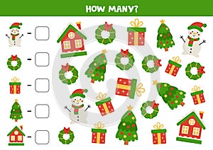 Counting game with cartoon Christmas elements. Math worksheet