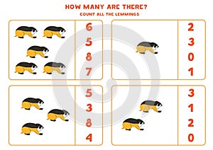 Count all cute cartoon lemmings and circle the correct answers. photo
