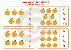 Counting game with cartoon oranges. Math worksheet.