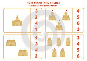 Counting game with cartoon sand castles. Math worksheet.