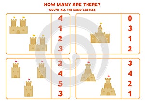 Counting game with cartoon sand castles. Math worksheet.