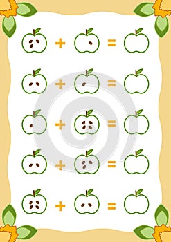 Counting Game for Children. Addition worksheets with apples