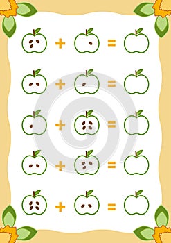 Counting Game for Children. Addition worksheets with apples photo