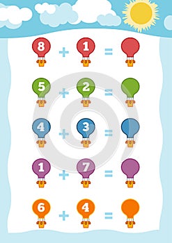 Counting Game for Children. Addition worksheets with balloons