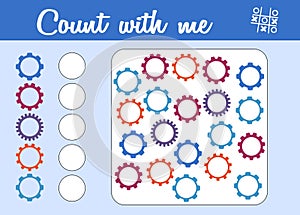 Counting game for children. Educational a mathematical game. Count how many cogwheels and write the result