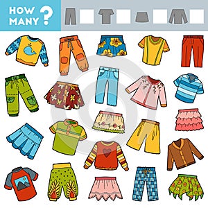 Counting Game for Children. Educational a mathematical game. Count how many skirts, trousers, jumpers, T-shirts and write the