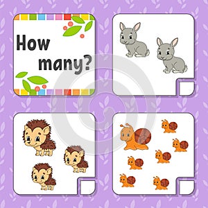 Counting game for children. Happy characters. Learning mathematics. How many object in the picture. Education worksheet. With