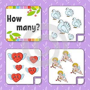 Counting game for children. Happy characters. Learning mathematics. How many object in the picture. Education worksheet. With